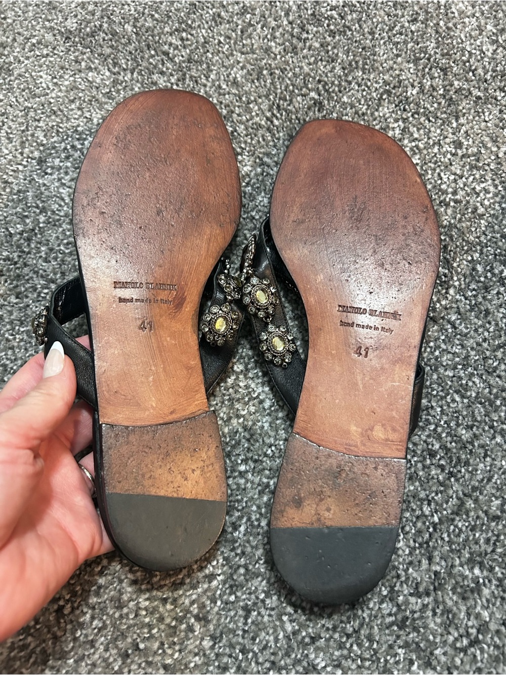 Manolo Blahnik Cesabi Embellished Thong Flat Sandals in Black - Picture 4 of 6